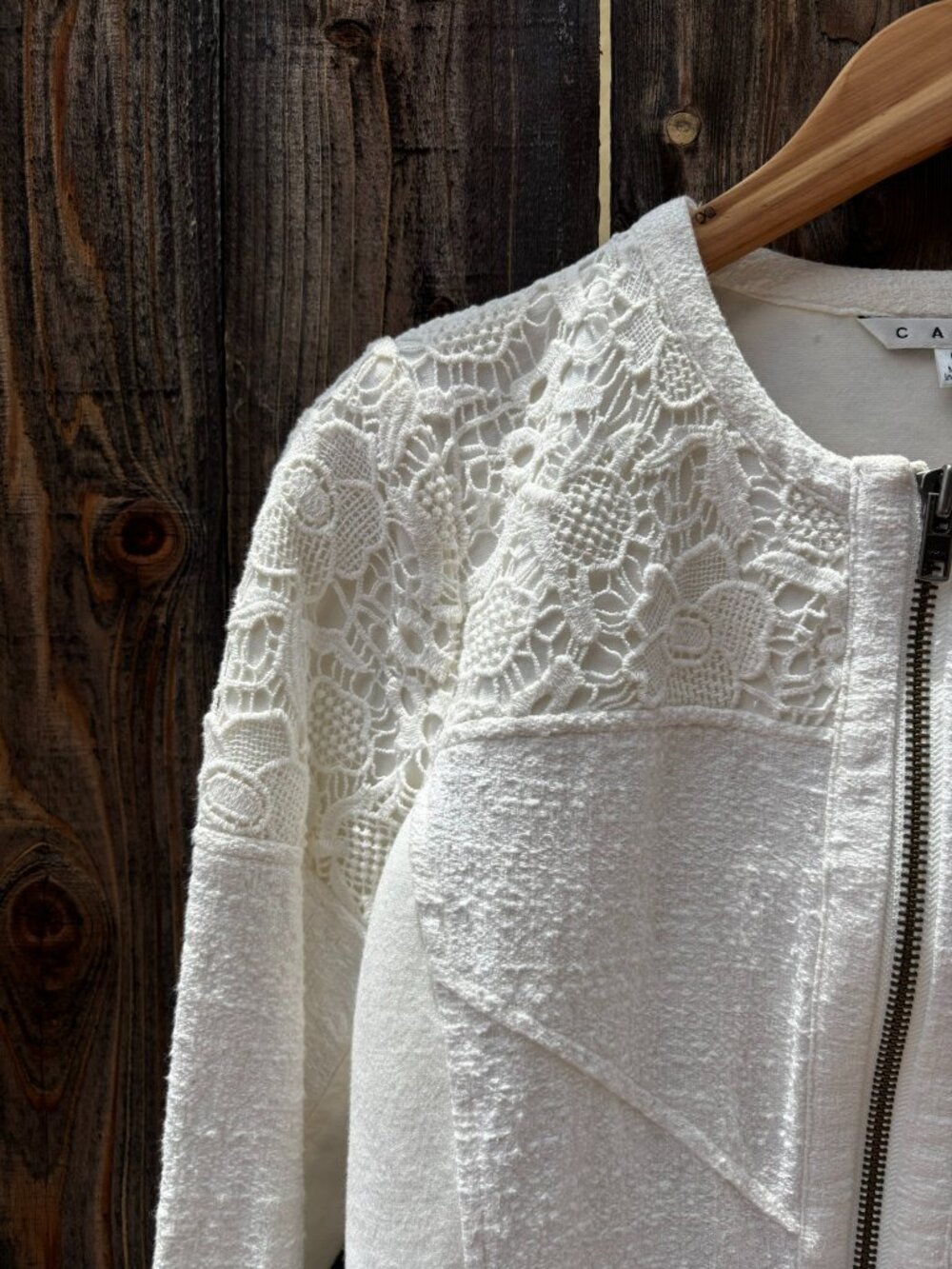 CAbi Cream Lace-Overlay Trim Zip Front Blazer Moto Jacket Medium - Picture 12 of 13